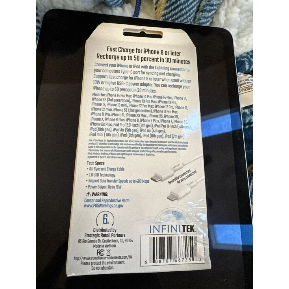 InfiniTek Lightening To USB-C Sync & Charge Cable iPhone In White 6 Feet NIB